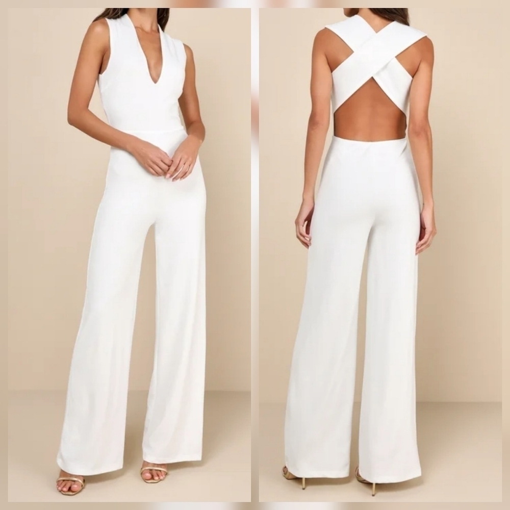 Lulus Thinking Out Loud White Backless Wide-Leg Jumpsuit